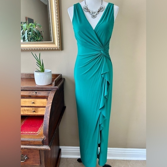Lauren Ralph Lauren Kelly Green Sleeveless Twist Front Ruffle Gown Maxi Dress 4 - Picture 3 of 12